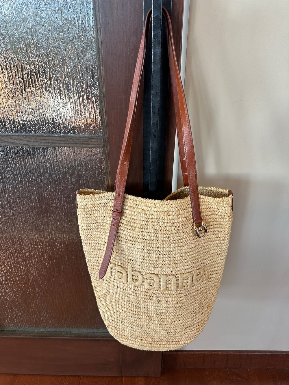 Paco Rabanne Natural Woven Tote with Brown Leather Straps